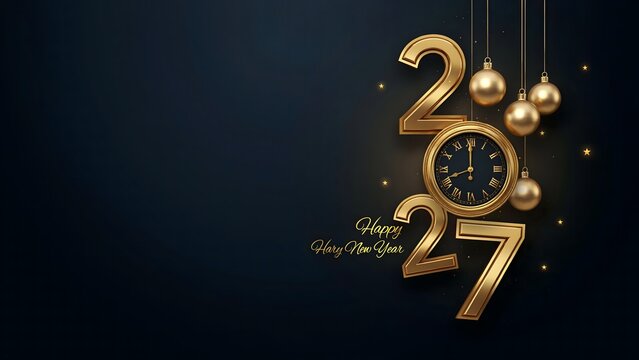 Happy New Year 2027 sophisticated gold celebration design featuring suspended numerals clock detail glowing lights and dark navy background symbolizing midnight elegance