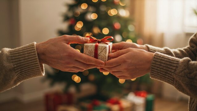 Hands exchanging a small Christmas gift with a red ribbon, set against a blurred festive tree. Perfect for holiday.