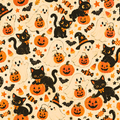 Obraz premium Seamless vintage Halloween pattern with cute trick-or-treat ghosts, black cats, pumpkin buckets, candy, bats and stars on a warm retro background.