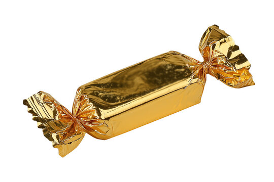 A single piece of candy wrapped in gold foil isolated on a white background with gold wrapper