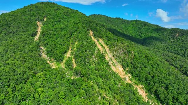 Drone view captures tropical mountain vegetation interrupted by exposed landslide paths, reflecting heavy rainfall, soil loss, climate extremes and natural hazards. Uttaradit Province, Thailand. 4k.
