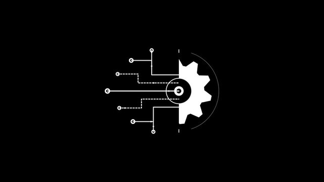 Animation technical gear cogwheel icon with connected circuit board lines on black background