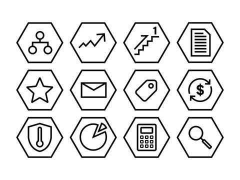 This illustration features a set of 12 icons in a black line style, covering various symbols related to business, management, and finance, with each placed inside a hexagonal frame against a white bac