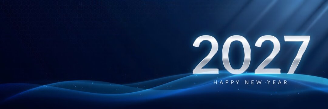 Happy New Year 2027 contemporary holiday banner featuring bright outlined numerals blue lighting effects and dark backdrop symbolizing celebration optimism prosperity and renewal