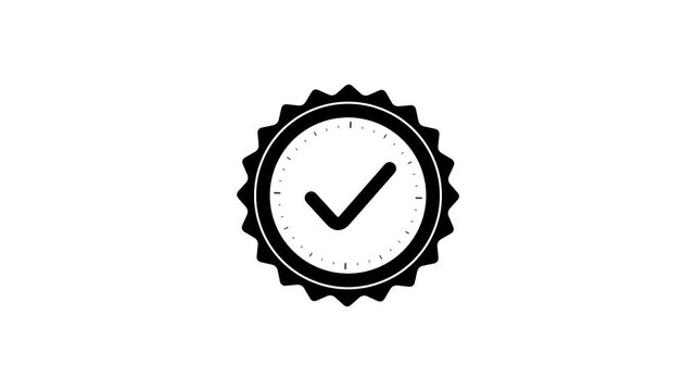 Animation black and white vector icon of a certified stamp with a checkmark symbol, representing quality assurance and verification