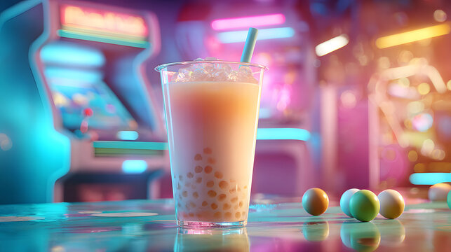 Advertising shot cup milk tea tapioca pearl colorful arcade background