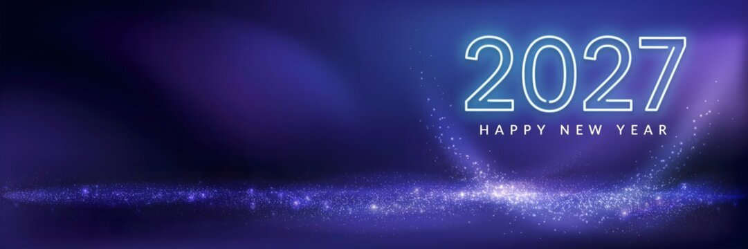 Happy New Year 2027 contemporary holiday banner featuring bright outlined numerals blue lighting effects and dark backdrop symbolizing celebration optimism prosperity and renewal