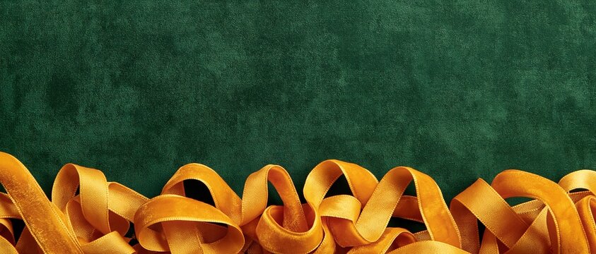 Golden ribbons swirling against a dark green backdrop.