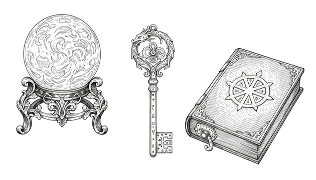 Magic artifacts including crystal ball dragon key and spell book engraved illustration