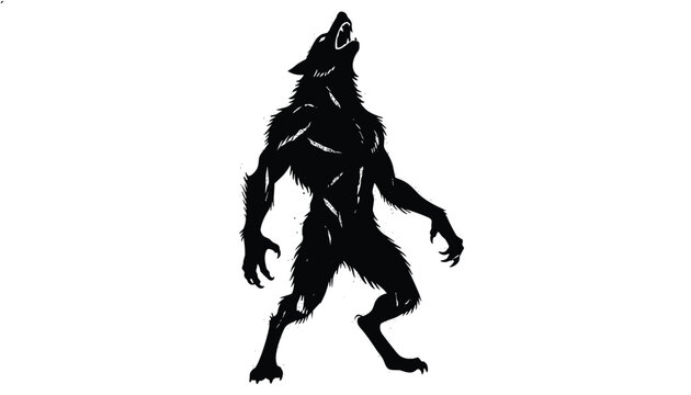 Werewolf silhouette howling at the sky on white background