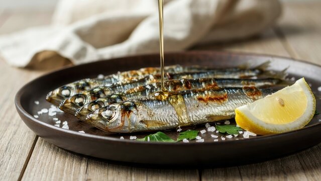 Olive oil being drizzled on grilled sardines with lemon and parsley on a plate.