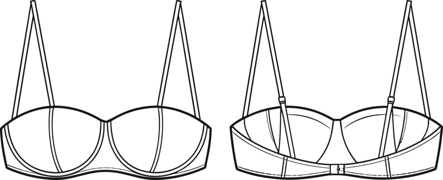 Technical drawing of a strapless bra front and back views on white background Keywords: strapless bra, lingerie, undergarment