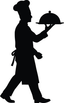 Professional male chef walking carrying serving food platter tray silhouette isolated on white background vector illustration