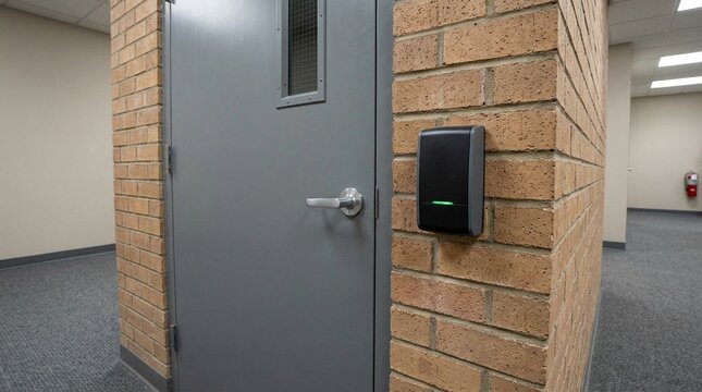 Key card reader mounted beside customs office door, secure building access control, workplace security concept