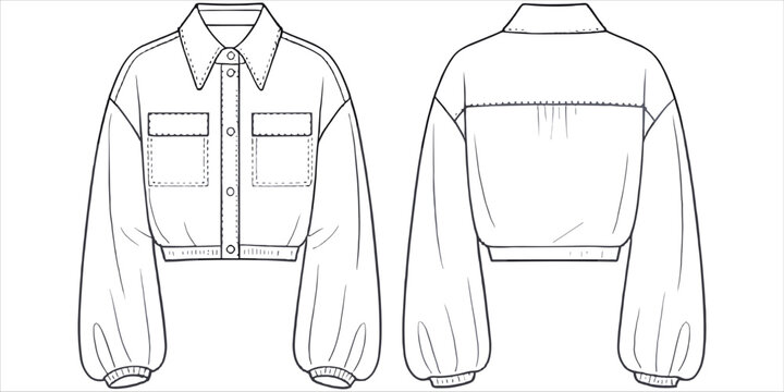 Technical Fashion Sketch of a Cropped Jacket with Puffed Sleeves Front and Back View Keywords: fashion, design, sketch