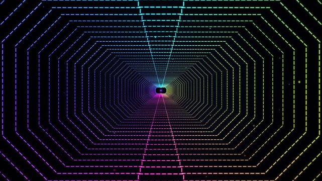 Animation futuristic tunnel of glowing neon dashed lines forming concentric octagons in a vibrant rainbow color spectrum