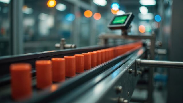 Orange caps on conveyor belt in modern factory production line with blurred background. Manufacturing concept.
