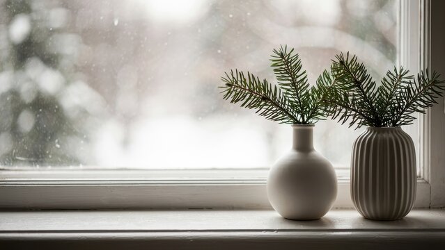 Pine branches in vases on a windowsill with snow falling outside. Winter decor for a cozy home.