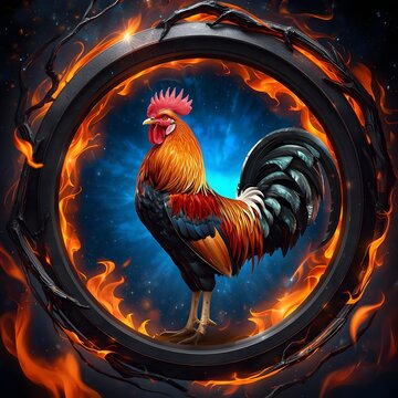 Majestic rooster standing inside a burning ring of fire, fiery zodiac emblem concept.