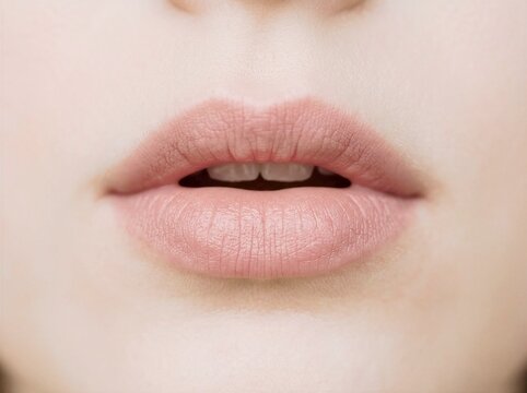 Close up of plump rosy lips with smooth natural skin conveying feminine beauty