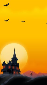 Animated spooky haunted house under glowing full moon with flying bats representing Halloween horror night and gothic mystery. (loopable)