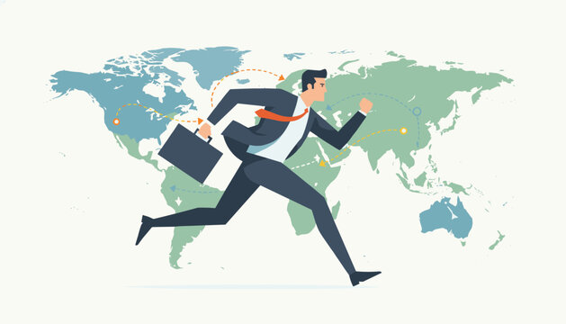 Dynamic businessman in suit running fast with briefcase across a stylized global map background with travel routes.