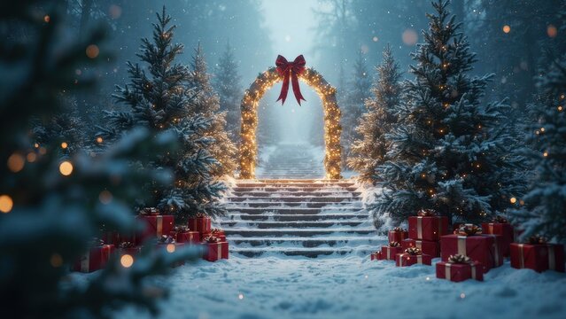 Snowy forest path with an illuminated Christmas arch and gifts. Festive winter wonderland for holiday ads.
