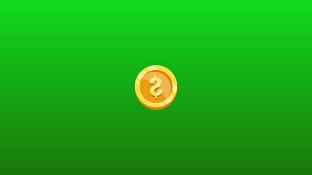3D golden coin animation with smooth rotation and dynamic scaling, zooming from normal size to large before returning seamlessly on green background.