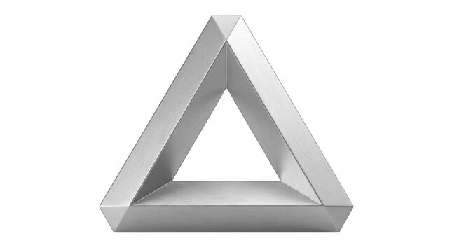 Silver penrose triangle impossible object illusion crafted from brushed metallic material.