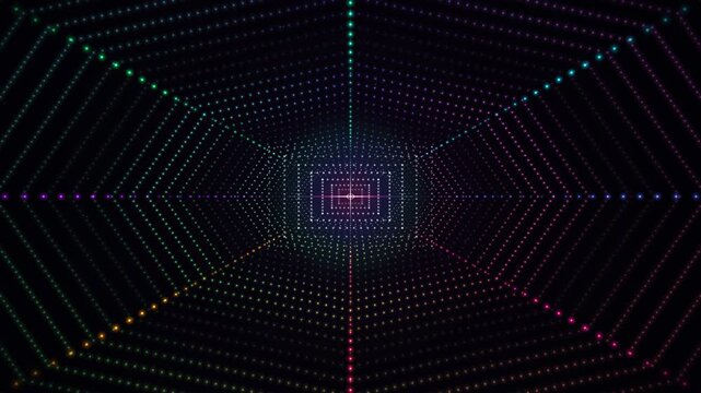 Animation abstract digital tunnel made of glowing colorful dots, futuristic particle vortex background with deep perspective and light