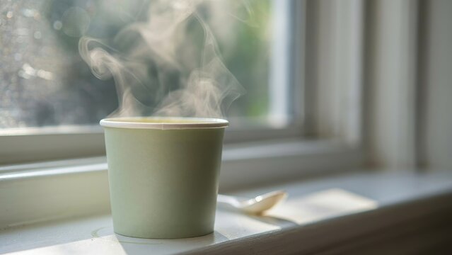 Steaming hot coffee paper cup on a windowsill with soft daylight. Cozy morning beverage scene for cafe advertisements.