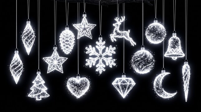 Set of glowing white particle Christmas ornaments isolated on a black background. Hanging silver festive holiday decorations in various shapes