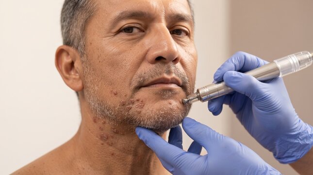 Dermatologist treating severe skin lesions or warts on male patient chin using cryotherapy or laser pen
