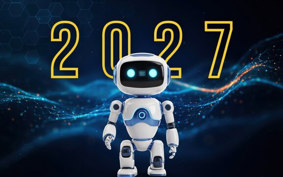 Futuristic humanoid robot head displaying year 2027 in vibrant neon digital font for tech marketing materials