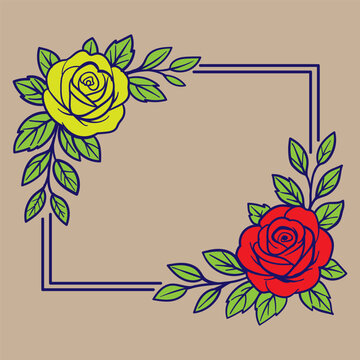 Floral frame with yellow and red roses and leaves