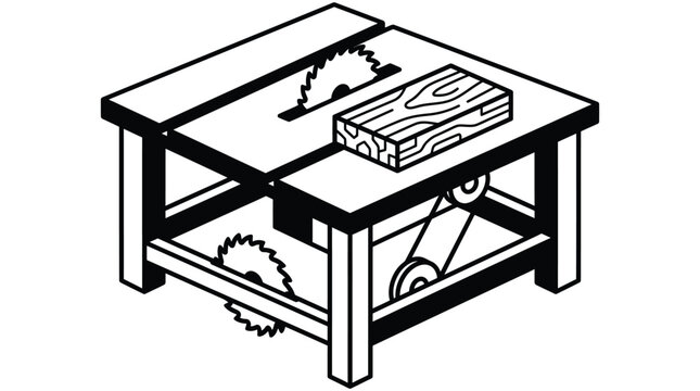 Industrial woodworking table saw machinery equipment illustration featuring simple black outlines on white background