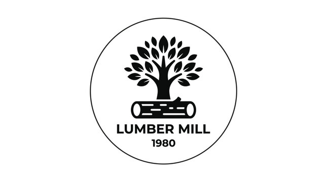 Black and white round lumber mill logo sticker featuring tree and log graphics