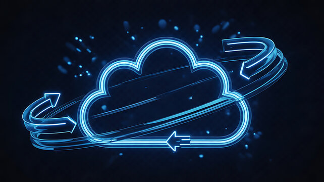Glowing blue neon cloud graphic illustration featuring circular rotating data arrows and abstract particles on transparent background 