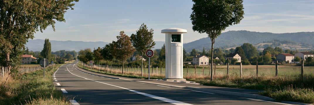 Wei&szlig;er Blitzer-Turm an Landstra&szlig;e vor Bergen und blauem Himmel