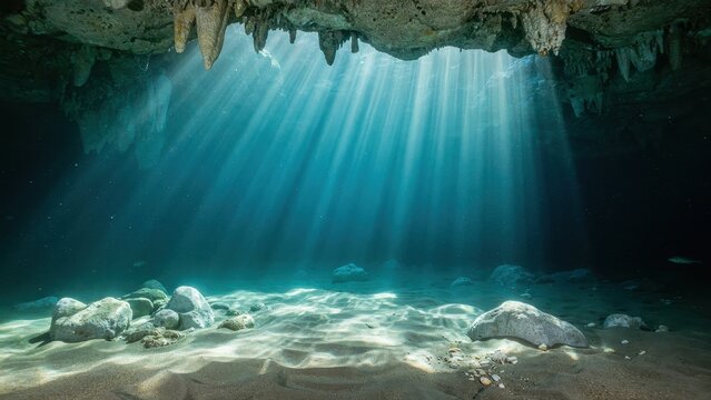 Sunbeams piercing through an underwater cave onto the sandy floor. Nature travel or diving adventure concept.