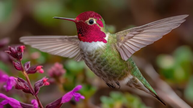 Anna's Hummingbird in Vivid Detail Capturing Flight and Floral Interaction Amidst Soft Focus
