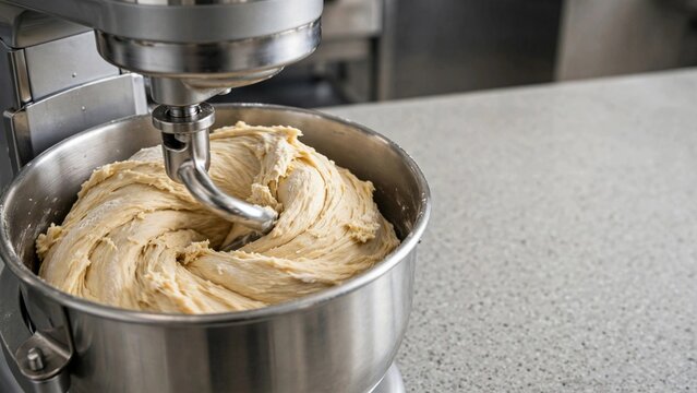 Commercial stand mixer with dough hook mixing large batch of bread dough