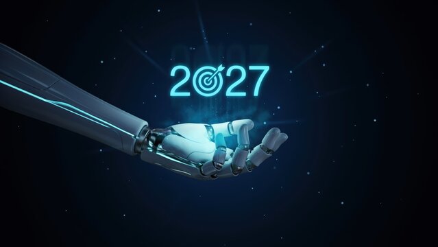 Futuristic robotic arm holding glowing 2027 year number in space-themed digital environment with transparent background