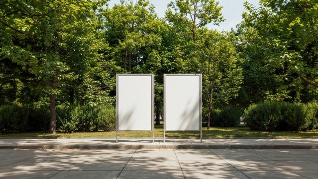Two empty blank billboard frames stand in a sunny park with lush green trees. Perfect mockup for outdoor city.