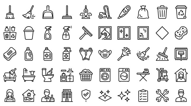 50 Minimal Cleaning Service UI Icons Featuring Broom Sweeping Trash Bags Clean Windows Mop Vacuum Hygiene and Housekeeping