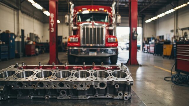 Truck engine block in garage foreground with semi-truck on lift. Heavy-duty repair and maintenance concept.
