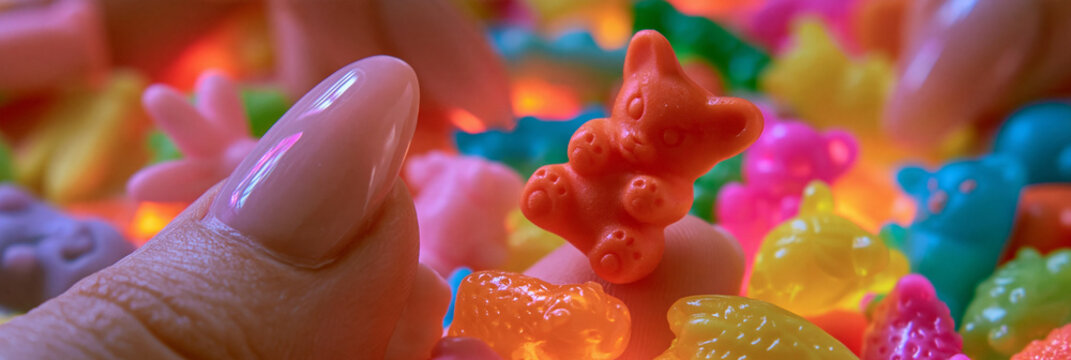 Bunte Fruchtgummi-B&auml;rchen in Rot, Gelb, Gr&uuml;n und Blau