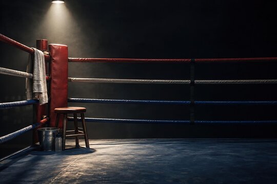 Corner of empty boxing ring with red, white, blue ropes, wooden stool, bucket, towel in spotlight, nobody