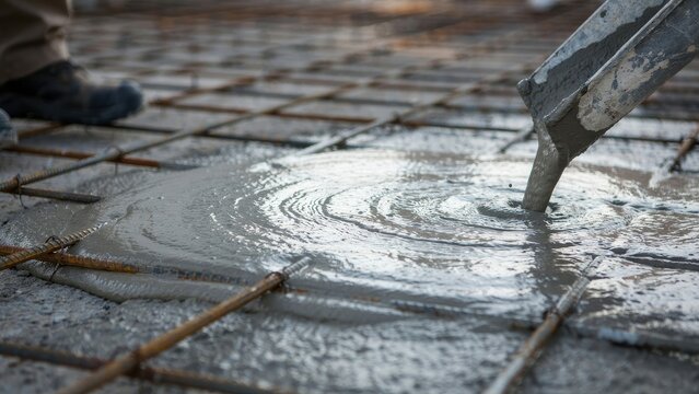 Wet concrete being poured from a chute onto a foundation grid with rebar, creating ripples. Essential for construction.
