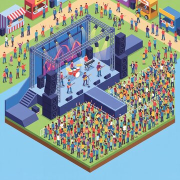 Isometric Outdoor Music Concert with Stage and Crowd